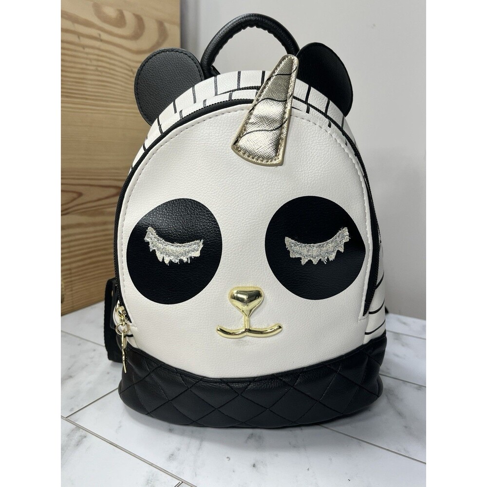 LUV Betsey Johnson Panda Bear Unicorn Small Back Pack Black & White W/ Glitter